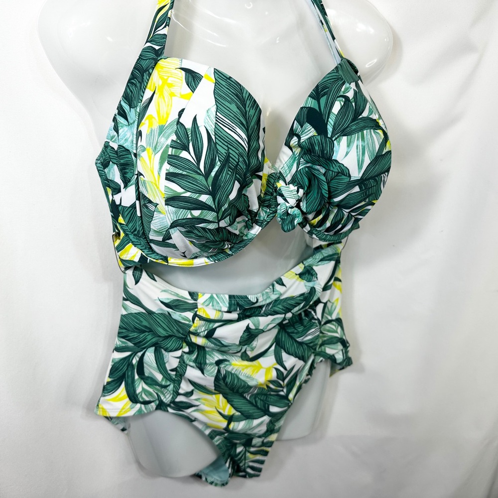 Adore Me Plus Sz 0X 38H Bikini Swimsuit Set Green Tropical Halter High Rise‎ 202 - Picture 10 of 13